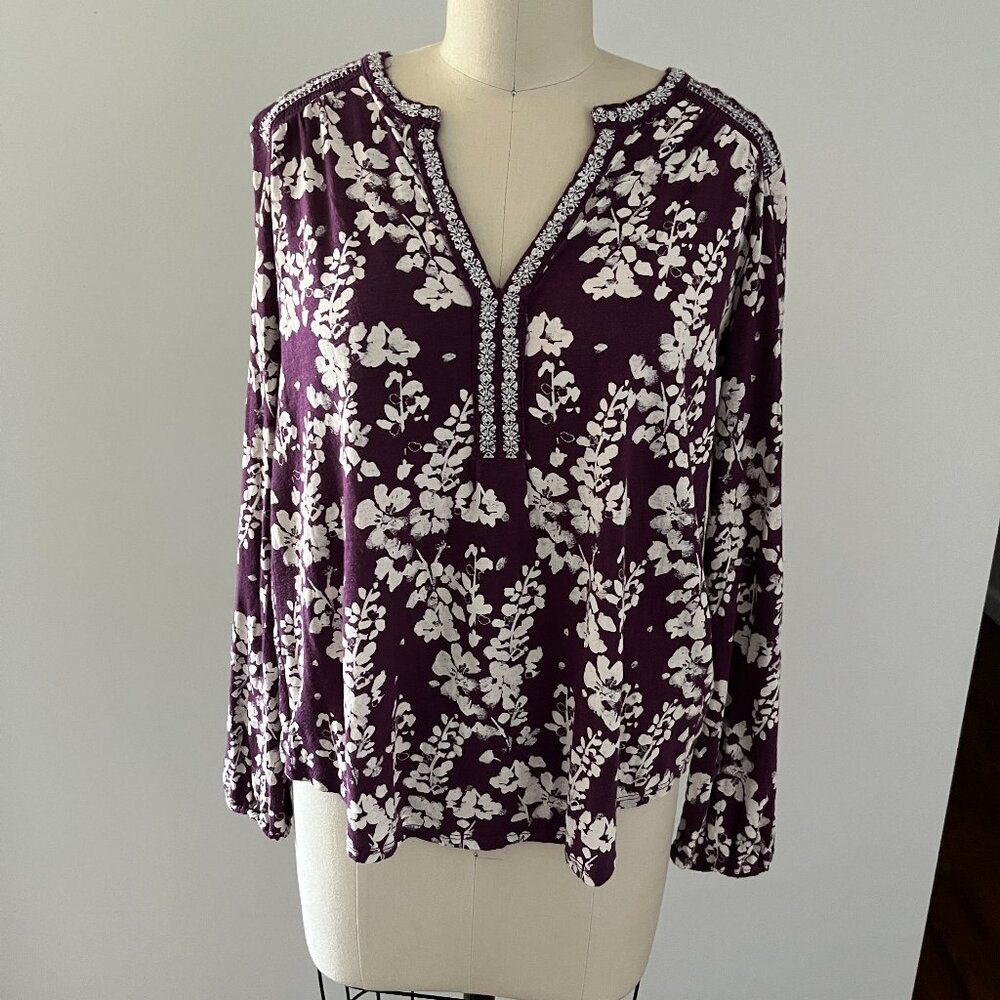 Lucky Brand Purple Embroidered Yoke Floral Long Sleeve Peasant Boho Top S